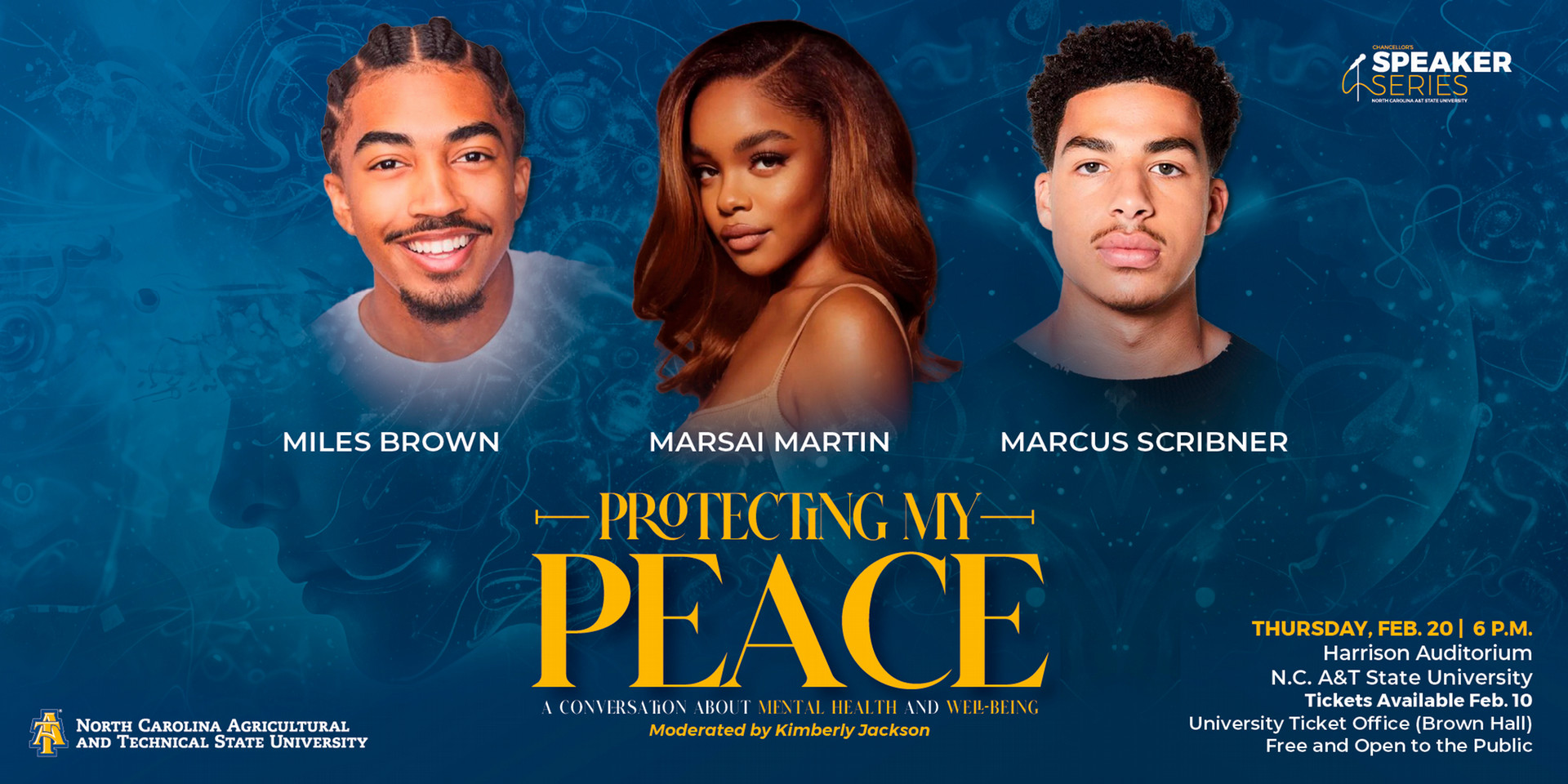 North Carolina Agricultural and Technical State University will welcome an outstanding panel for the next edition of the Chancellor’s Speaker Series: “Protecting My Peace,” Thursday, Feb. 20, at 6 p.m., in Harrison Auditorium.  Special guests include rising stars, award-winning actors Miles Brown, Marsai Martin and Marcus Scribner. The three are best known for their portrayals of Jack, Dianne and Andre Johnson Jr., respectively, on the hit ABC show “black-ish.” Alumna Kimberly Jackson ’92 will moderate.