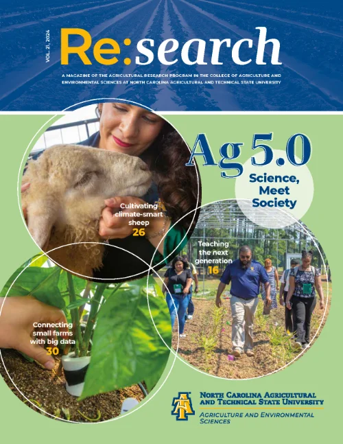 Cover of the 2024 edition of 'Re:search' magazine from North Carolina A&T, showcasing agricultural research.