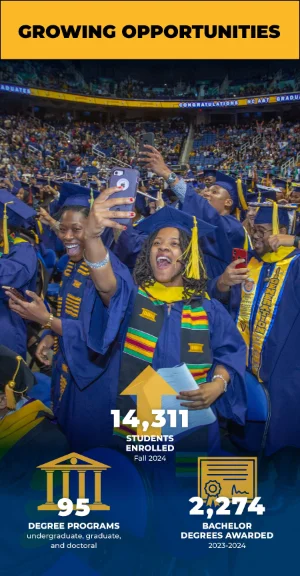 Excited N.C. A&T graduates in caps and gowns celebrate at commencement, holding diplomas and taking selfies. The graphic highlights 14,311 students enrolled in Fall 2024, 95 degree programs, and 2,274 bachelor degrees awarded in 2023–2024.