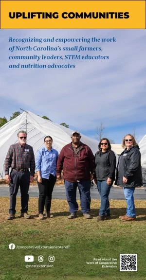 Five adults stand outdoors in front of white agricultural tents, representing North Carolina’s small farmers, STEM educators, and community leaders. The text highlights N.C. A&T’s efforts to empower these groups through Cooperative Extension work.