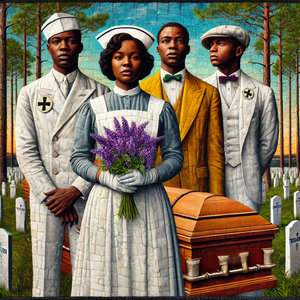 A solemn and artistic depiction of four individuals standing behind a wooden coffin in a cemetery setting. The central figure is a woman dressed in a nurse's uniform, holding a bouquet of lavender flowers. To her right and left are two men in white uniforms with cross insignias, and another man in a mustard-yellow suit with a green bow tie. The background features rows of white gravestones, tall pine trees, and a gradient sky transitioning from blue to orange, suggesting sunrise or sunset. The image conveys a reflective and respectful tone. 