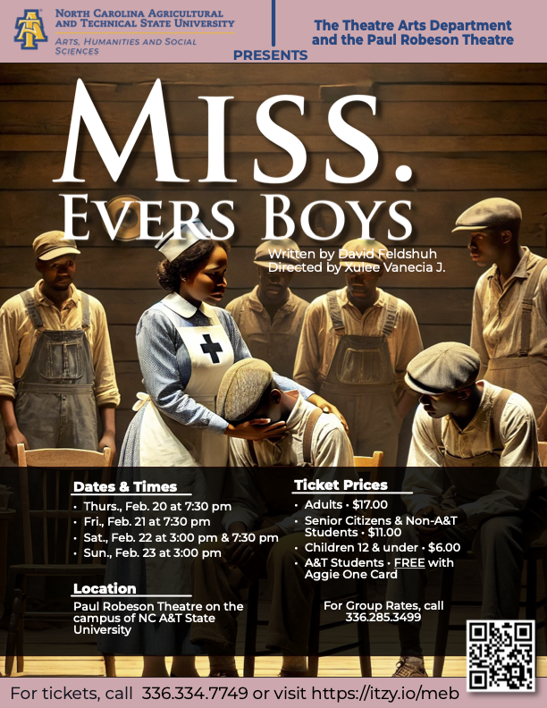 Flyer of Miss Evers' Boy play presented by N.C. A&T Theatre Arts Program