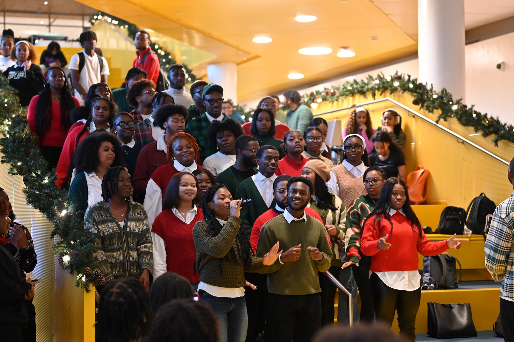 NCAT Gospel Choir performing on Student Center stairs