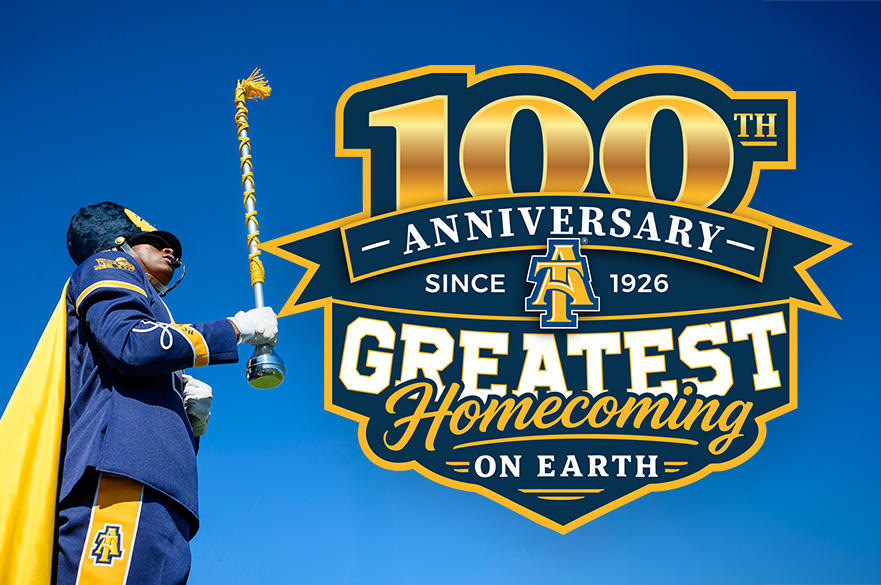 N.C. A&T drum major next to logo word art, 100th Anniversary, Since 1926, Greatest Homecoming on Earth