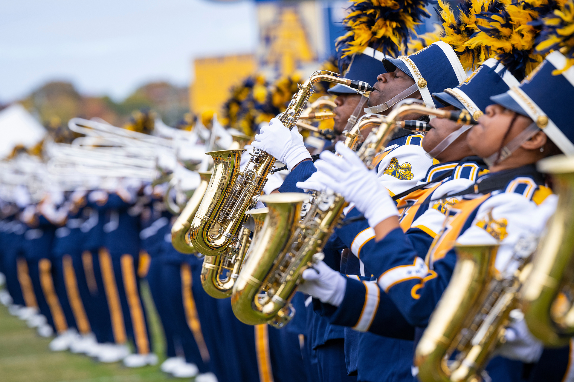 A&T Blue and Gold Marching Machine Saxophone Line