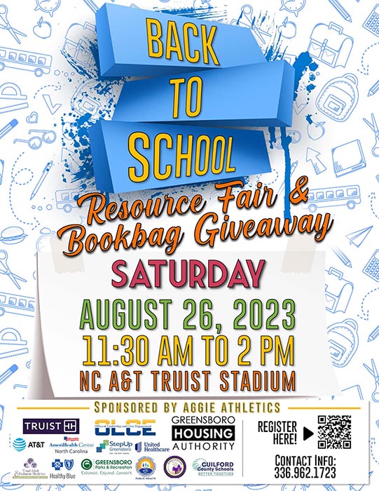 School Resource Fair & Bookbag Giveaway flyer with QR code and sponsor logos