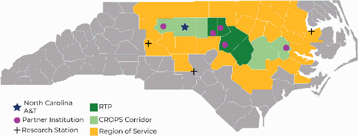 Map of North Carolina showing CROPS service areas