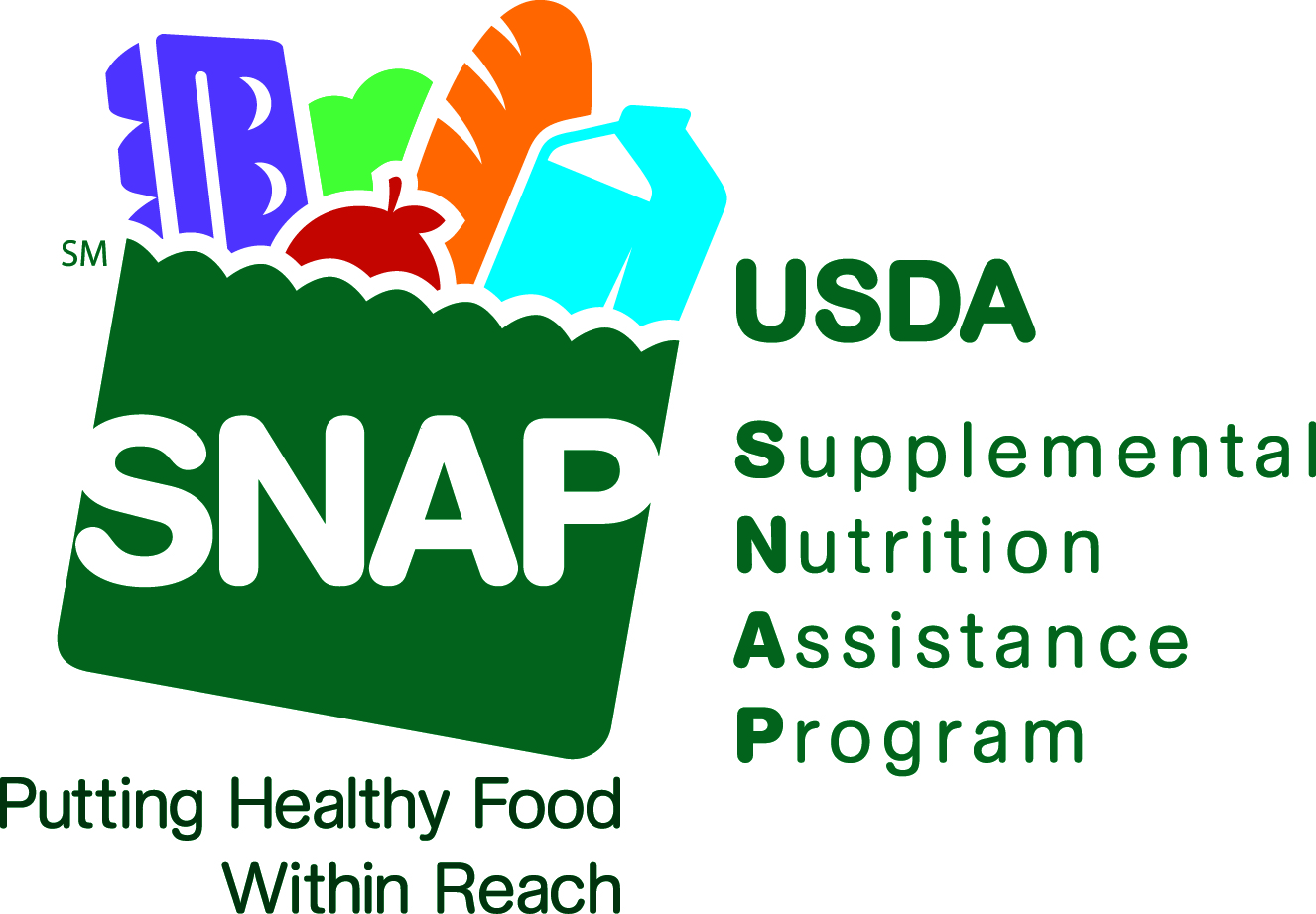 The SNAP logo consists of a stylized grocery-filled bag design, with SNAP superimposed thereon, together with the program name “Supplemental Nutrition Assistance Program,” and the tagline “Putting Healthy Food Within Reach” and the letters USDA which appear above the program name.