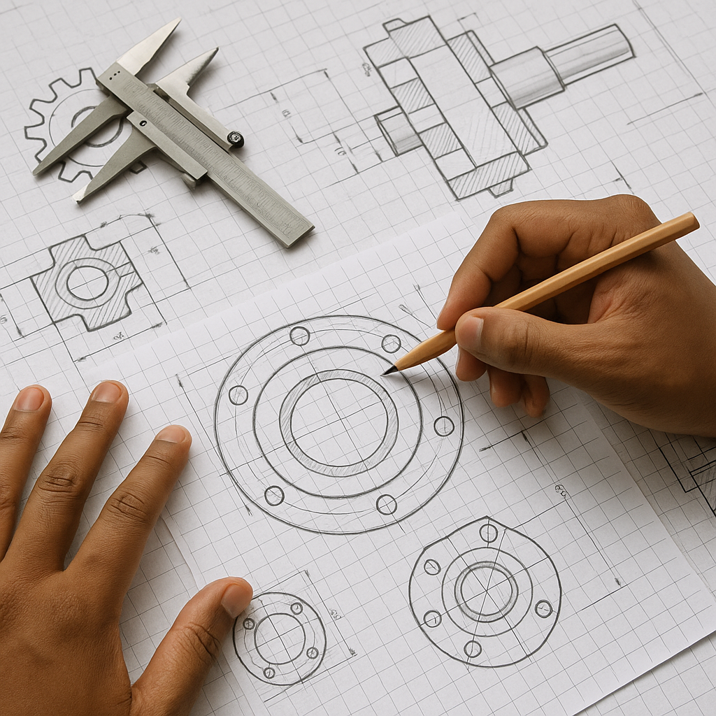 hands designing mechanical parts over grid paper